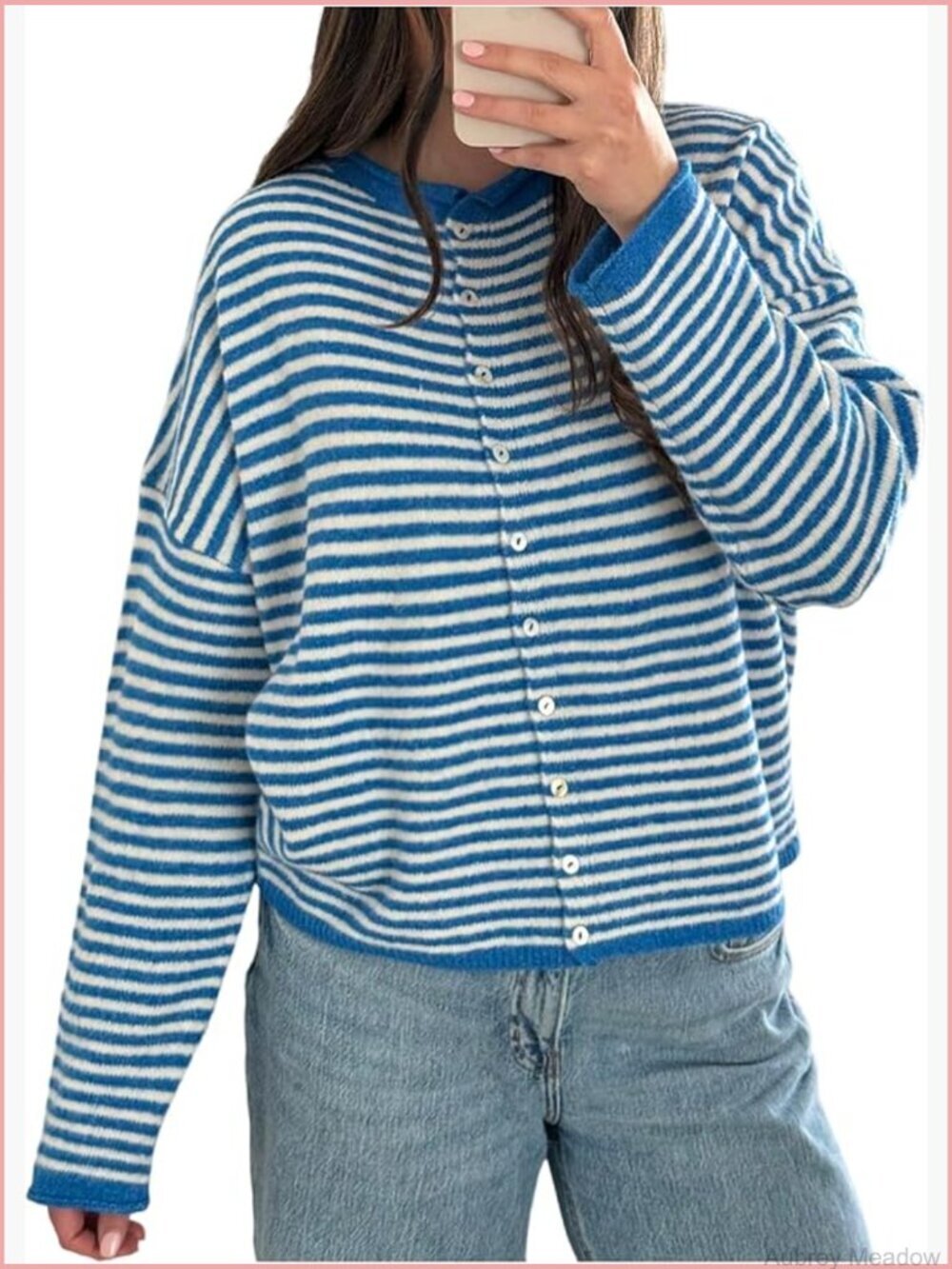 Striped Button Up Cardigan Long Sleeve Crewneck Casual Sweater Top